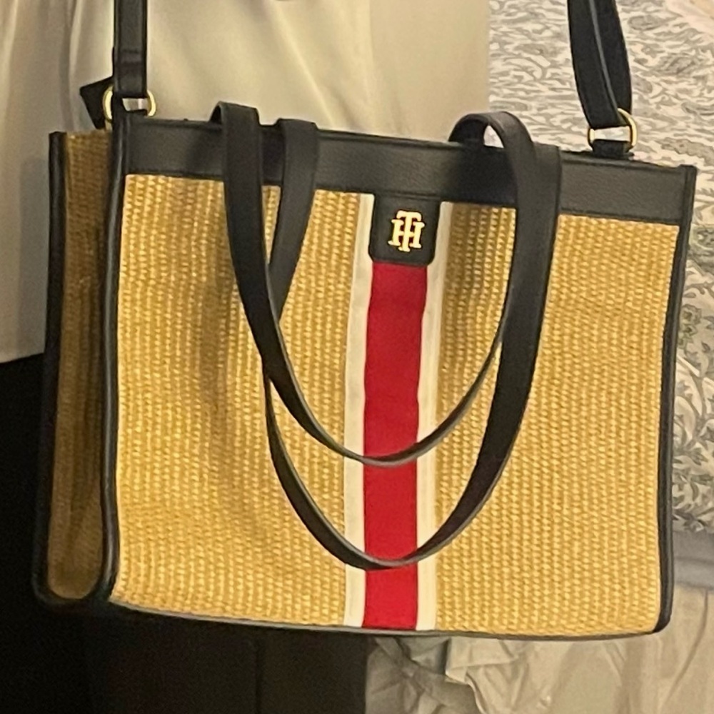 Tommy Hilfiger Sophia II Tan and Red Women's Tote Bag/ Straw and Leather